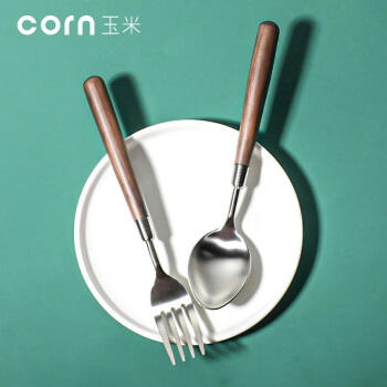 玉米（CORN）304不锈钢木柄勺子餐具轻奢尖头家用饭勺汤勺儿童餐勺铁圆头