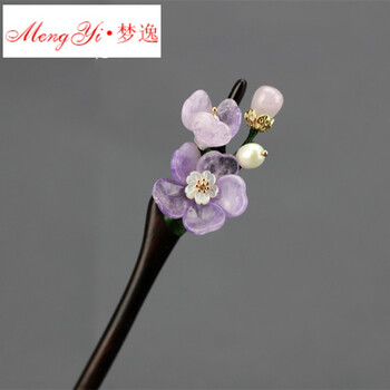 黑檀木发簪旗袍盘发玉簪花多宝古代玉石桃花古风发钗步摇古典簪子 紫