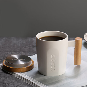 特美刻（TOMIC）创意木柄马克杯带盖咖啡杯陶瓷杯水杯随手茶杯400ML白色TCL1329 