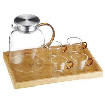 苏泊尔家用杯具带把花茶耐热高温单层玻璃凉水壶瓶1.6L含茶杯*4＋竹托盘