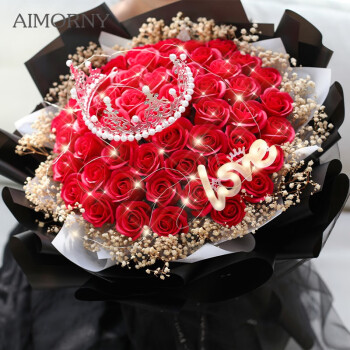 AIMORNY52朵红玫瑰永生香皂花鲜同城配送三八妇女神节生日礼物花送女友