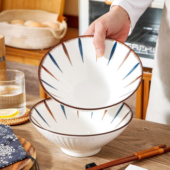 裕行拉面碗日式8英寸面碗家用陶瓷大号汤碗牛肉面碗陶瓷面碗蓝和2只装
