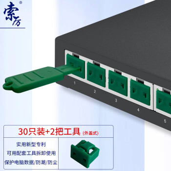 索厉 网口锁 可拆卸网口塞/RJ45端口锁/电脑交换机工控机/工具2把+绿色30个/外盖式网口防尘塞/ 20229