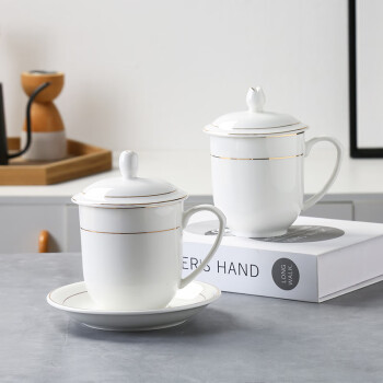 爱奇屋 陶瓷纯白色介杯茶杯带盖杯办公室会议喝水杯（10只/套）