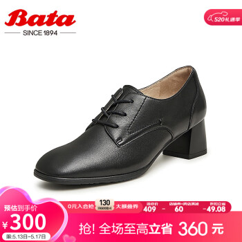 Bata系带单鞋女秋季商场新款通勤粗高跟百搭羊皮单鞋AHA42CM3 黑色 37