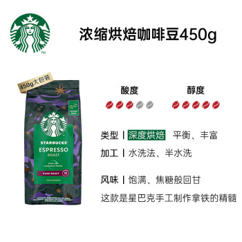 星巴克（Starbucks）意式浓缩阿拉比卡咖啡豆450g 重烘手冲黑咖啡豆粉醇香 可做25杯