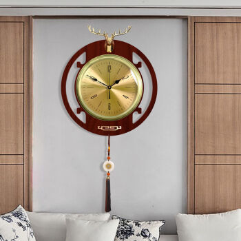 现代新中式木质钟表客厅创意挂钟简约挂表家用装饰卧室静音时钟圆满款