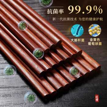 唐宗筷红檀木筷子家用抗菌率99.9%筷子餐具套装雕刻酒店用商用10双装