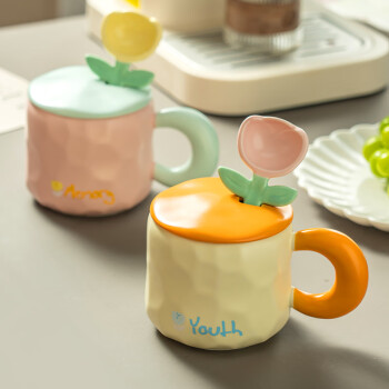 onlycook创意可爱陶瓷马克杯带盖勺高颜值少女花朵喝水杯套装杯子 粉色/个
