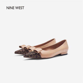 nine west/玖熙低跟胎牛皮单鞋秋季女英伦复古尖头拼色蝴蝶结优雅浅口