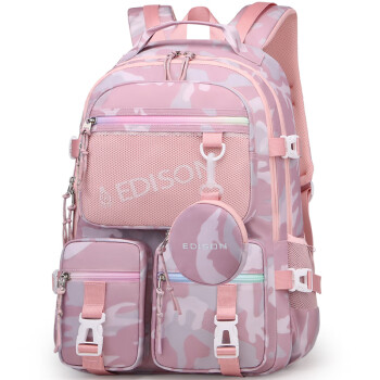 Edison高中生书包大容量初中大学生防泼水双肩包旅行背包 K2272-3迷彩粉