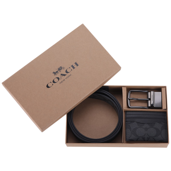 蔻驰（COACH）【品牌直供】男士腰带卡包礼盒套装黑灰色拼色CQ082QBMI5