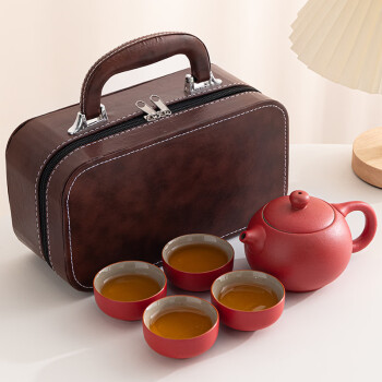 蒋莱（JANLA）榜眼堂茶具套装一壶四杯 棕色皮包酒红茶具 其他颜色款式联系客服