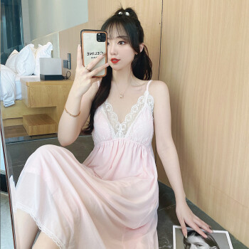 韩版ins风睡衣女夏季薄款吊带睡裙2021年新款宫廷风7128fev领蕾丝粉色