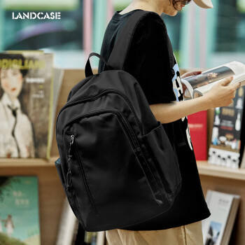 Landcase书包男大容量初中高中生大学生背包休闲简约电脑双肩包女4013黑色