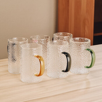 格娜斯 日式锤纹玻璃杯带把手水杯家庭套装家用待客茶杯高颜值喝水杯子