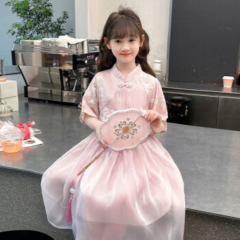 迪士尼（Disney）女童夏季连衣裙2024新款洋气小女孩公主裙儿童短袖衣服中国风汉服 粉色 150cm