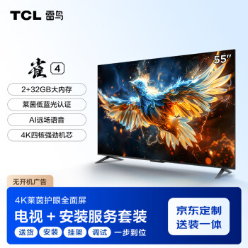 TCL雷鸟 【送装一体版】雀4 55英寸4K超高清 护眼 超薄全面屏 2+32GB 智能液晶平板电视机55F270C