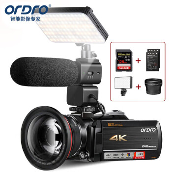 欧达4K专业直播摄影机手持数码DV录像机高清电商家用旅游标配+电池+128G卡+4K+充电麦+增距+摄影灯