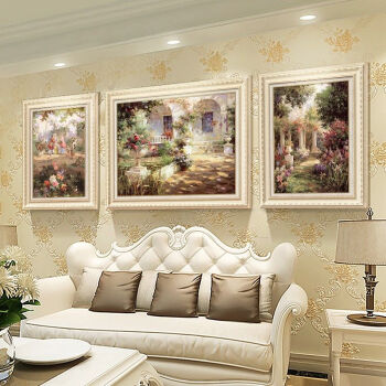 欧式三联画客厅沙发背景装饰画餐厅油画大气美式墙画花园风景挂画诺