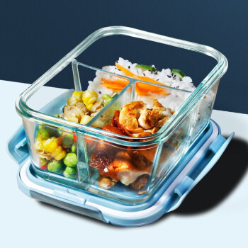 创得 耐热玻璃保鲜盒 微波炉饭盒 冰箱收纳便当碗餐盒 加高3隔1020ml