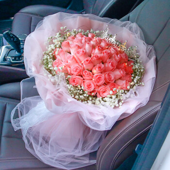 爱在此刻鲜花粉玫瑰满天星花束送女友生日礼物同城配送