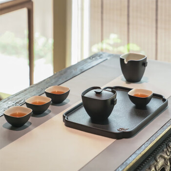 万仟堂（Edenus）整套茶具 陶瓷功夫茶具套装 家用 送礼 茶盘 四方团圆 黑铁釉