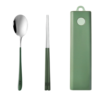 唐宗筷 304不锈钢筷子勺子套装餐具收纳盒学生不锈钢便携3件套莫兰迪绿