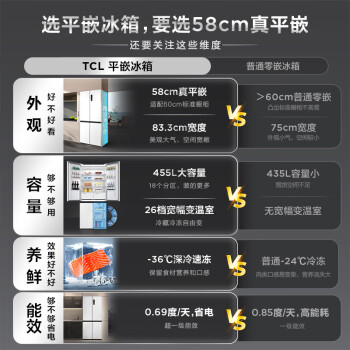 TCL 455升T9超薄平嵌十字对开门58cm嵌入式白色电冰箱大容量家用一级能效底部散热双循环R455T9-UQ