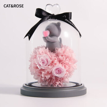 Cat&Rose永生花猫咪礼盒送女友生日礼物结婚送闺蜜玫瑰花家居摆件玻璃罩