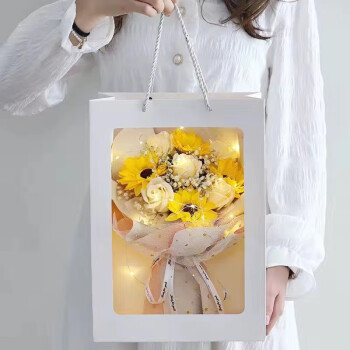 初卓七夕礼物送女友玫瑰香皂花束 满天星向日葵玫瑰花束+灯串+手提袋