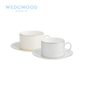 WEDGWOOD 玮致活 白金&金色几何两杯两碟套组200ml*2 骨瓷高颜值欧式轻奢精致下午茶ins风咖啡茶杯1063184GP