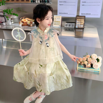 迪士尼（Disney）女童汉服裙清新绿色新中式连衣裙中国风熊猫刺绣云肩网纱裙背心裙 图片色 140cm