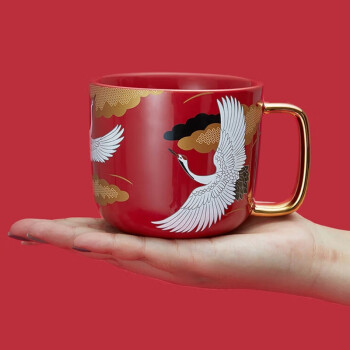 共禾京品陶瓷马克杯350ml大容量咖啡杯带勺子水杯中国风高颜值礼盒礼物 红
