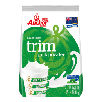 安佳（Anchor）高钙脱脂奶粉 1KG袋装  学生成人牛奶粉 新西兰进口奶源 早餐冲饮