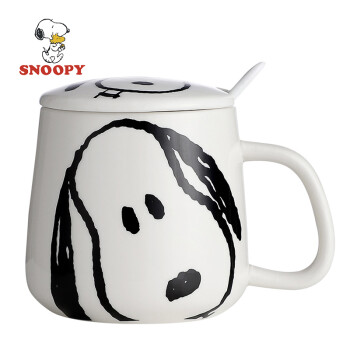 史努比（SNOOPY）陶瓷马克杯 男女创意单柄带盖办公杯情侣喝水子家用早餐牛奶咖啡杯 SNP5012-1 白色