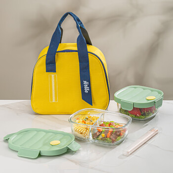 可美瑞特（COMATE）高硼硅耐热玻璃饭盒莫兰迪绿大长三隔860ml+640ml+餐包+餐具