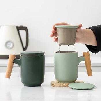 畅宝森 陶瓷杯 茶水分离过滤泡茶杯 家用办公木柄带盖陶瓷磨砂杯 DE