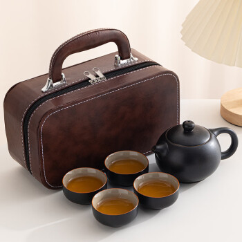 蒋莱（JANLA）榜眼堂茶具套装一壶四杯 棕色皮包黑色茶具 其他颜色款式联系客服