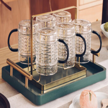 致仕（ZISIZ）复古中式玻璃杯装家用客厅家庭茶具6支装+金色杯架+金把绿托盘