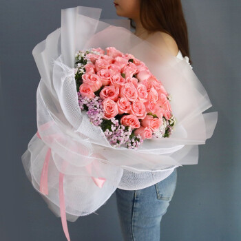  艾斯维娜鲜花速递红玫瑰花束礼盒送女友生日礼物全国同城配送 33朵粉玫瑰花束