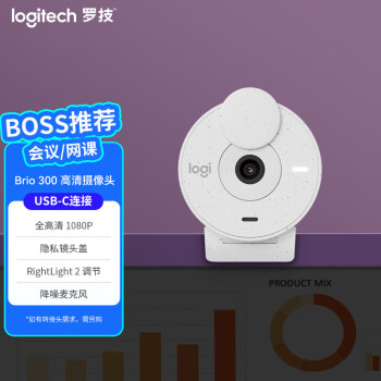罗技（logitech）Brio 300 全高清网络摄像头 电脑笔记本视频摄像头 会议网课家用摄像头 白色