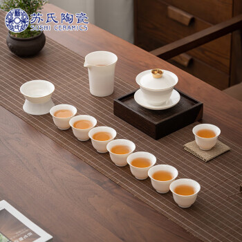 苏氏陶瓷（SUSHI CERAMICS）描金羊脂玉茶具套装德化陶瓷三才盖碗纯白瓷功夫茶杯8杯礼盒装