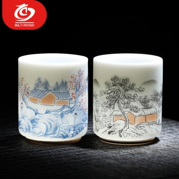 MULTIPOTENT主人杯中国白陶瓷功夫茶具羊脂玉茶杯高升杯2个装精美伴手礼盒