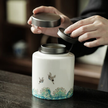 茶艺贵族祥鹤茶叶罐玄青锡盖(亮光)德化白瓷密封罐家用存茶罐单个储物