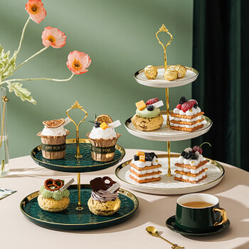 娅磐 轻奢陶瓷二层水果盘蛋糕展示架糖果托盘 珠点两层大中（绿色）