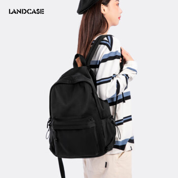 Landcase书包高中生女双肩包男初中大学生时尚简约旅行电脑背包 1212黑色