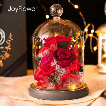 JoyFlower永生花玻璃罩礼盒玫瑰花三八妇女节女神节礼物结婚送女生朋友老婆