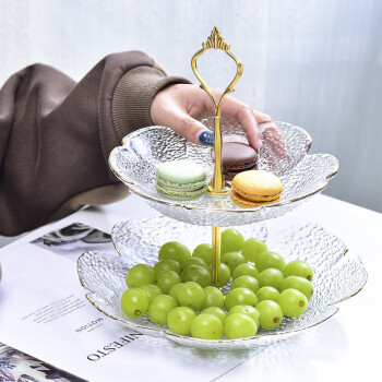 祥源美（XIANGYUANMEI）欧式玻璃果盘 透明2层摆台下午茶糖果甜品架点心托盘 双层8+10寸