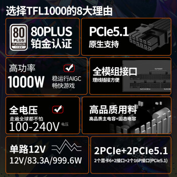 长城（Great Wall）额定1000W TFL1000白金牌SFX-L全模组电源（ATX3.1标准/PCIe5.1接口/全电压/单路12V/智慧启停）
